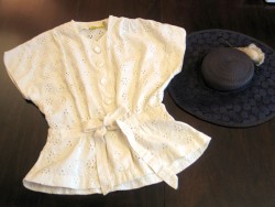 Cream Eyelet Blouse & Navy Hat